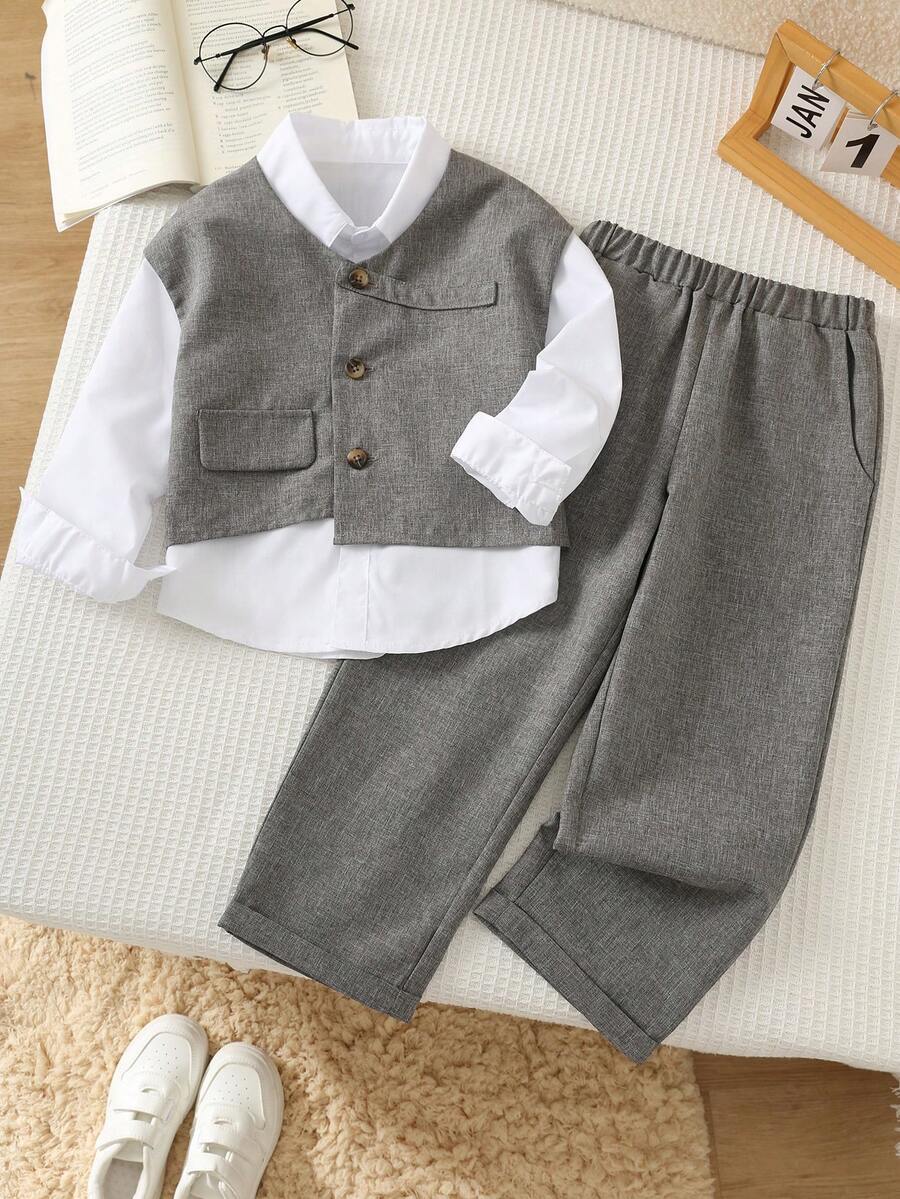 SHEIN Young Boy Button Asymmetrical Hem Vest Jacket And Casual Pocket Long Pants Set - Khaki - View 1