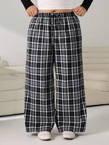 Solflare Plus Size Women's Drawstring Waist Plaid Casual Wide Leg Pants For Daily Wear Fall - Multicolor - View 7
