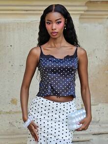 Mima John Women's Sexy Black Lace Trim Collar Black & White Polka Dot Pattern Bodycon Camisole Casual Summer - Black - View 6