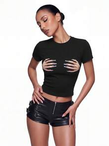 SHEIN ICON 女士休闲简约手印修身圆领短袖 T 恤，适合春夏季 - 黑色 - 查看 1
