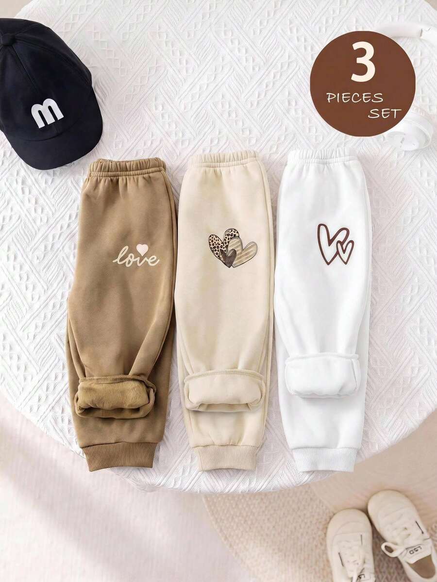 SHEIN Baby Girl Cute Print Fleece Soft Casual Versatile Sports Long Pants Multi-Piece Set - Khaki - View 1