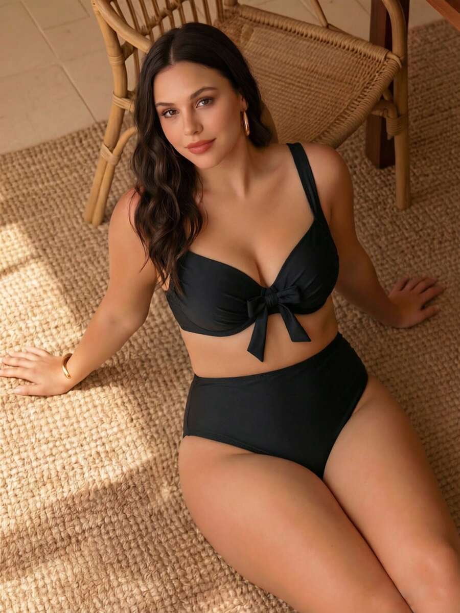 Swim Chiccia 大码女士简约纯色软杯钢圈比基尼上衣,饰有蝴蝶结,适合海滩和度假穿着 - 黑色 - 查看 1