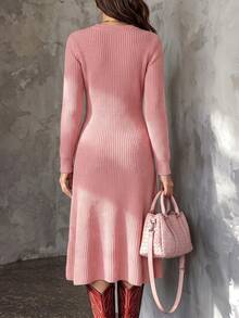 Balvessa V-Neck Single-Breasted Metal Hand-Stitched Button Cinched Cinched Waist Ribbed Cuff Long Sleeve A-Line Hem Women's Sweater Dress - Pink - View 2