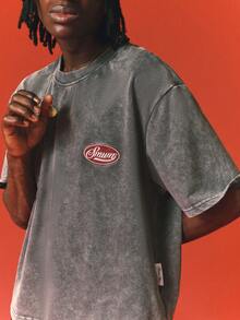 SUMWON Brand Oval Logo Patch Washed Short Sleeve Crew Neck Boxy Crop Tee With Chest Pocket Vintage Style - Grey - View 5