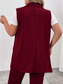 SHEIN CURVE+ 大尺碼翻領雙排扣背心西裝外套 工作服 畢業季返校穿搭 - 酒紅色 - 查看 3