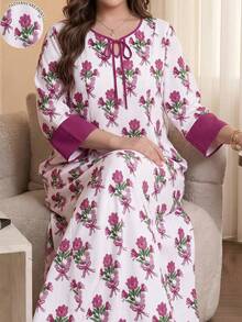 SHEIN Najma 蝴蝶結花束植物印花淺白色大尺碼女款洋裝，小V領繫帶設計寬鬆長洋裝，春夏中長袖優雅洋裝 - 彩色 - 查看 2