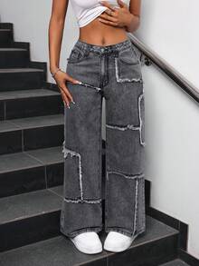 SHEIN PETITE Women's Loose Fit Wide Leg Jeans With Patchwork And Frayed Hem ,Petite Women - Black - View 4