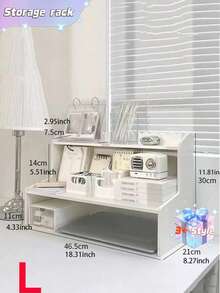 1 Double-Layer Height-Adjustable Desktop Shelf For Dormitory/Office Use, Organizing Cosmetics, Stationery, And Books. - White - View 2