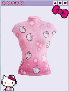 HELLO KITTY AND FRIENDS | ROMWE Y2K Cute Casual Co-Branded All-Over Print Women's Fitted Ruched Waist T-Shirt - Pink - View 1