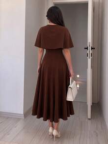 NOVVYNE Women's Brown Knitted Cardigan With 3D Beaded Embellishments, Elegant Romantic Small Shawl And Waist-Cinching A-Line Sleeveless Elegant Romantic Dress 2 Pieces Set - Apricot - View 2