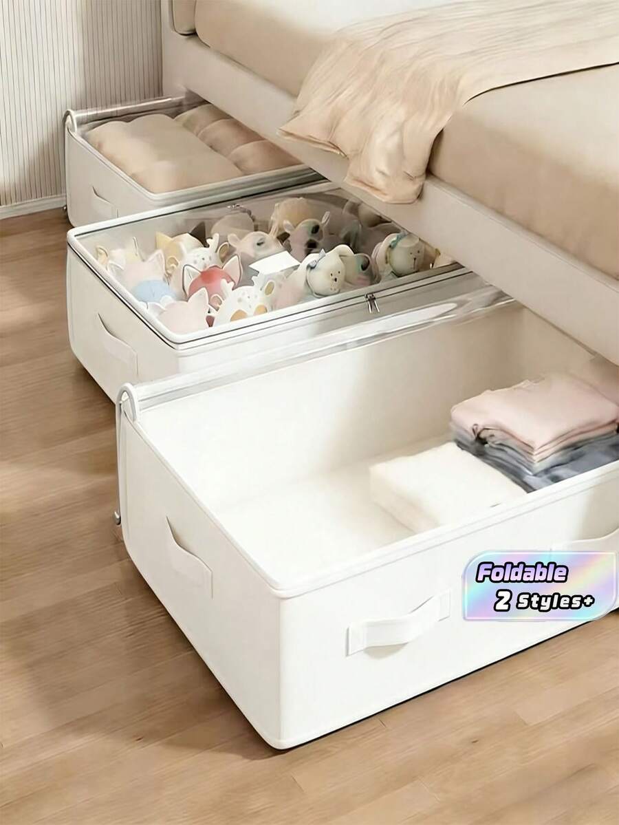 1pc White Underbed Storage Boxes, Foldable Underbed Organizer Bins, Excellent Function And Versatile Use For Blankets, Skirts, Quilts, Pillows, Clothes And Underbed Storage, Space Saving, Underbed Storage - White - View 1