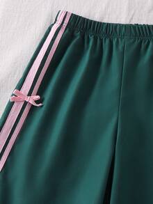 SHEIN 2 piezas/Set Conjunto de manga corta y pantalones largos para adolescentes, lazo rosa, adecuado para primavera/verano, deportes & desplazamientos - Verde Oscuro - Ver 6