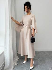 SHEIN Raffinéa 女士优雅收腰连衣裙，蝙蝠袖设计，卡其色，适合通勤、外出和约会，春夏款 - 卡其色 - 查看 8