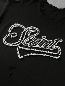 ROMWE MEN Street Life Men's Letter Beaded Round Neck Short Sleeve Distressed Knit Top - Black - View 2