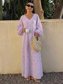 Livesso Robe ample mi-longue à col en V ajouré en dentelle pour femmes, robe d'été pour vacances - Prune - Voir 7