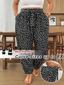 SHEIN CURVE+ 大尺碼休閒全印花寬鬆抽繩長褲，夏季長褲，秋冬 2026 22W - 彩色 - 查看 1