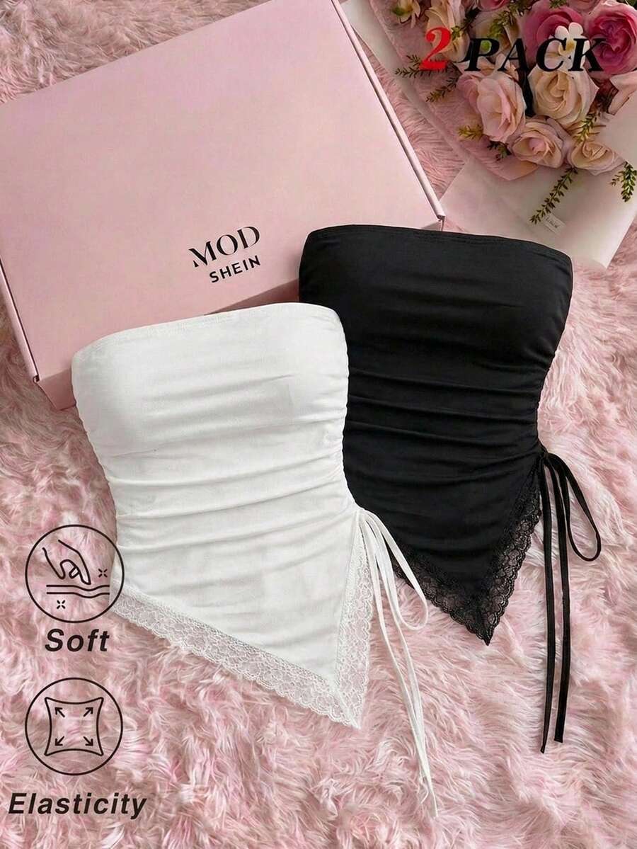 SHEIN MOD 2件組女款蕾絲拼接百褶休閒百搭日常外出抹胸上衣 - 黑與白 - 查看 1