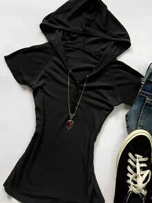 IslaSuriya Kaos Lengan Pendek Kerah Henley Retro Y2K untuk Wanita, Musim Panas - Hitam - View 4