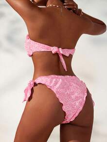 SHEIN Swim 女款夏季海灘度假花卉刺繡荷葉邊平口性感熱帶可愛飄逸保守時尚比基尼兩件式泳衣套裝 粉色 - 粉色 - 查看 6