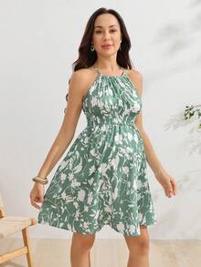 SHEINS Women's Summer Waist-Cinched Maternity Ditsy Floral Sleeveless Spaghetti Strap Strap Dress For Vacation And Dating - Green - View 3