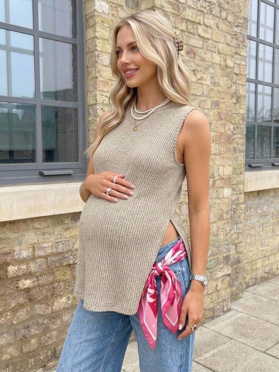 Lyckli Maternity Solid Color Round Neck Sleeveless Knit Textured Tank Top With Side Slit Hem - Grey - View 1