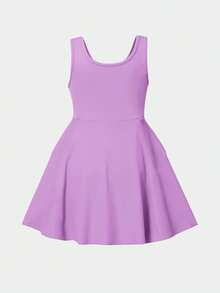 SHEIN Young Girl Solid Color Crew Neck Sleeveless Fitted Casual Dress Sportswear - Purple - View 3