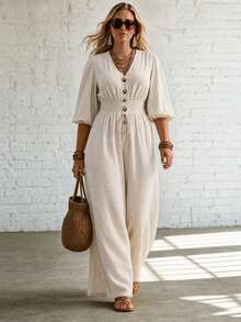 Ceyna Fashion Loose Casual Long V-Neck Short Sleeve Jumpsuit Fall - Khaki - View 1