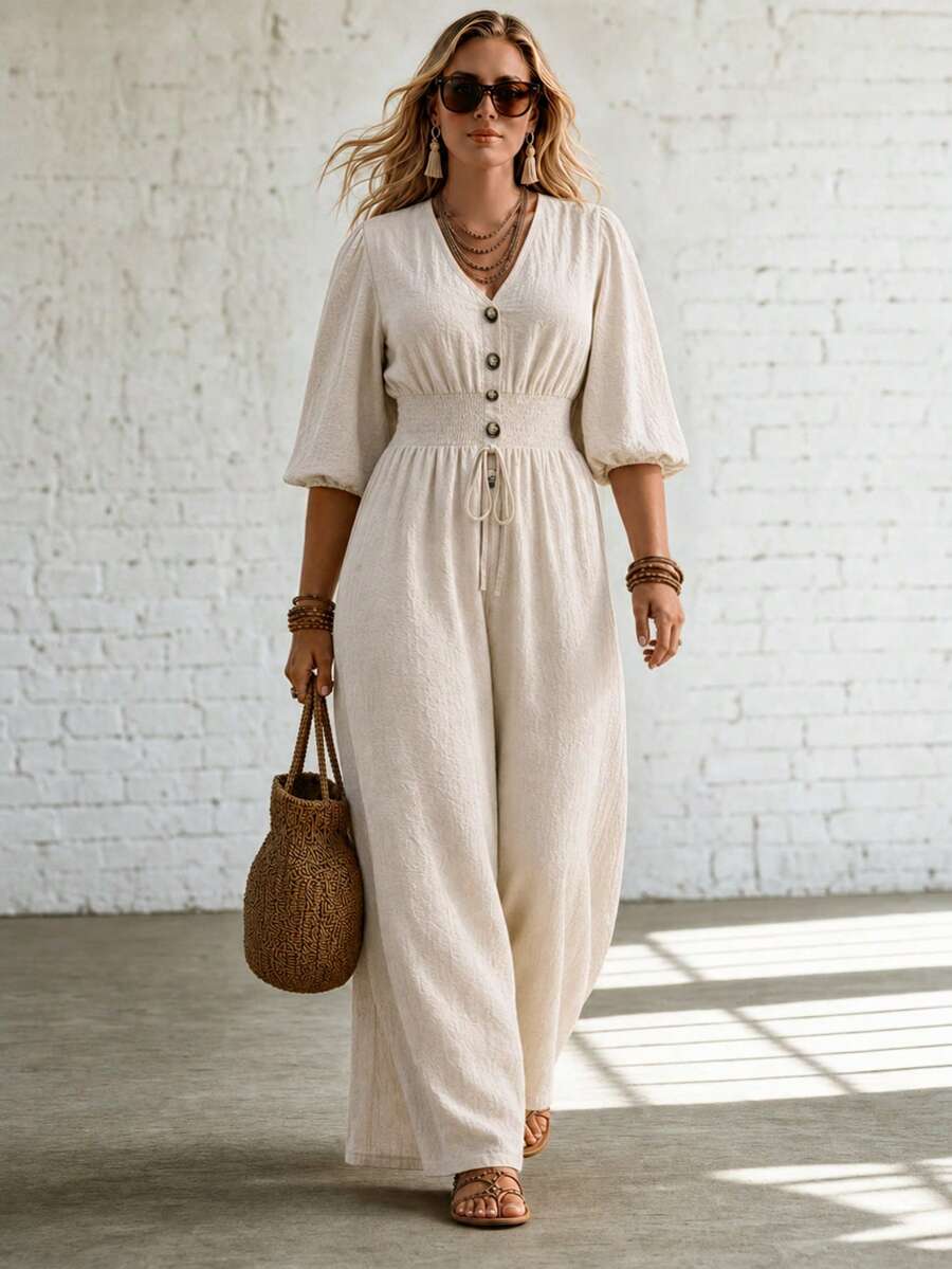 Ceyna Fashion Loose Casual Long V-Neck Short Sleeve Jumpsuit Fall - Khaki - View 1
