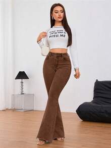 SHEIN Tall 女款休閒水洗高腰喇叭牛仔褲，適合高個女性 - 咖啡棕 - 查看 6