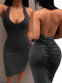 SHEIN SXY Women's Solid Color Deep V-Neck Distressed Halter Neck Sexy Dress Club Date Night Dark Grey Summer - Black - View 2