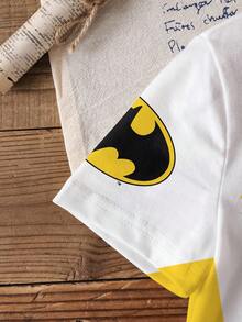 BATMAN X SHEIN 小男孩夏季休閒拼色字母印花T恤 - 白色 - 查看 5