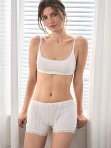 Ocili Women's Pure Cotton Knitted Jacquard Comfortable Patchwork Mini Lace Bow Decor Boxer Briefs - White - View 2