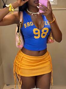 SHEIN Unity 2pcs/Set Women's Fashionable Golden Yellow Contrast Color Tank Top And Mini Skirt Back-To-School Student Summer Y2k - Multicolor - View 5
