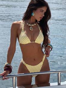 Bonvoyette Spring/Summer Girls Fashion Hot-Selling Vacation Influencer Style Hot Spring Polka Dot Print Two-Piece Bikini Set - Yellow - View 1