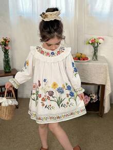 SHEIN LMoss Kids 女童雪纺碎花荷叶边休闲连衣裙 - 白色 - 查看 6