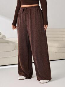 Solflare Plus Size Casual Loose Drawstring Waist Long Pants - Coffee Brown - View 4