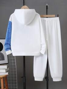 SHEIN 2件組兒童青少年男孩休閒日常百搭舒適丹寧效果印花圓領寬鬆長袖衛衣與鬆緊收口寬鬆運動褲針織衛衣套裝 - 白色 - 查看 4