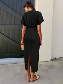 SHEIN LUNE 女士纯色简约日常深V领短袖长裙 - 黑色 - 查看 2