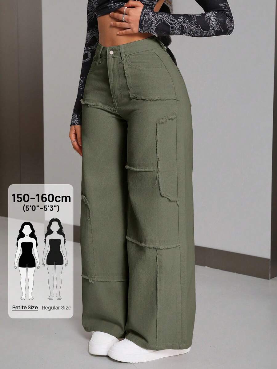 SHEIN PETITE 女款寬鬆休閒寬腿拼接毛邊牛仔褲，適合小個女生