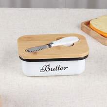 1 Pc Iron Butter Dish With Wooden Lid & Butter Knife, Small Cheese Storage Container For Restaurant, Kitchen & Home Use - Multicolor - View 1