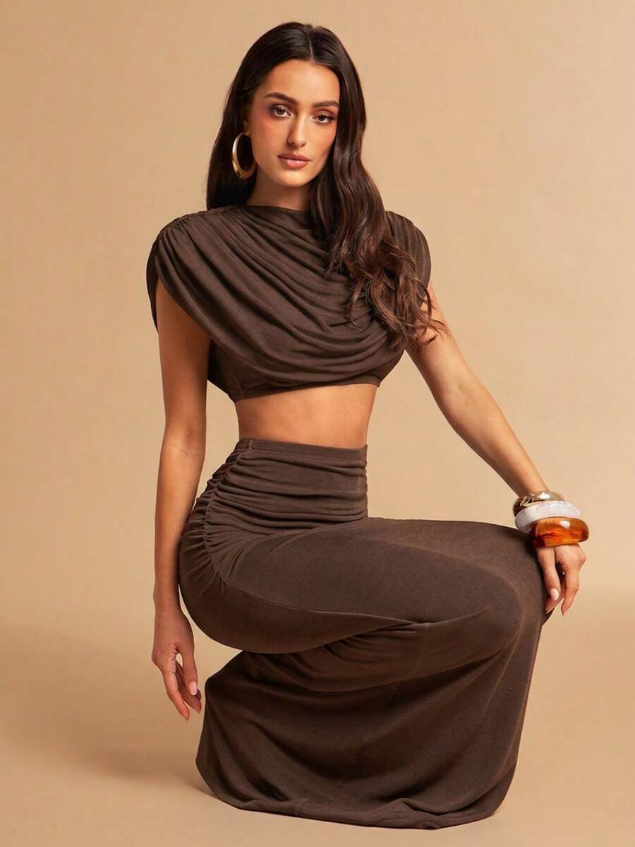 Silquee Women's Solid Color Pleated Cropped Top And Mermaid Skirt Fashion 2-Piece Set - Brown - View 1