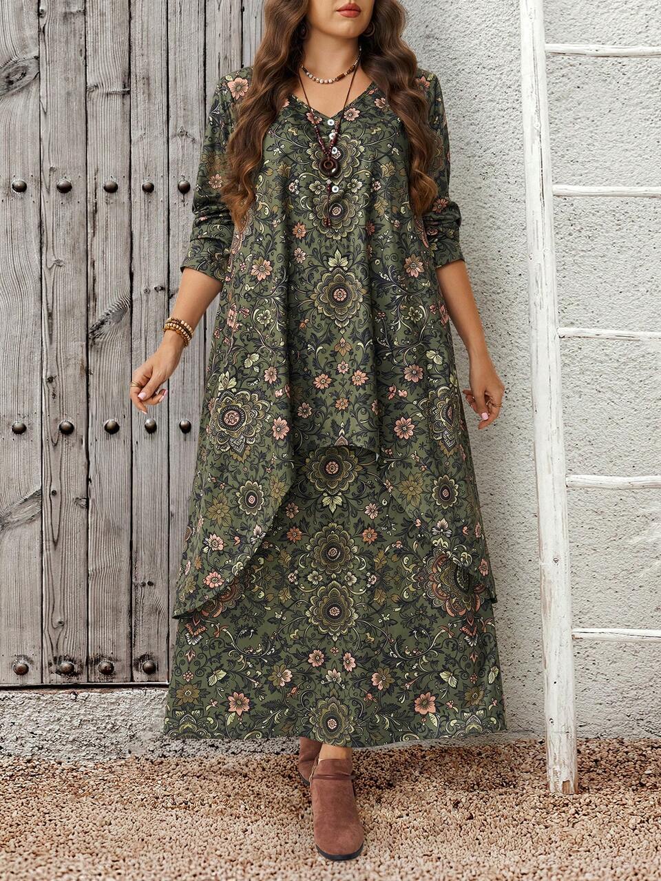Plus Size Vacation Casual 1950s Vintage 1920s 90s All-Over Print Dress Vacation Dark Green Summer Fall