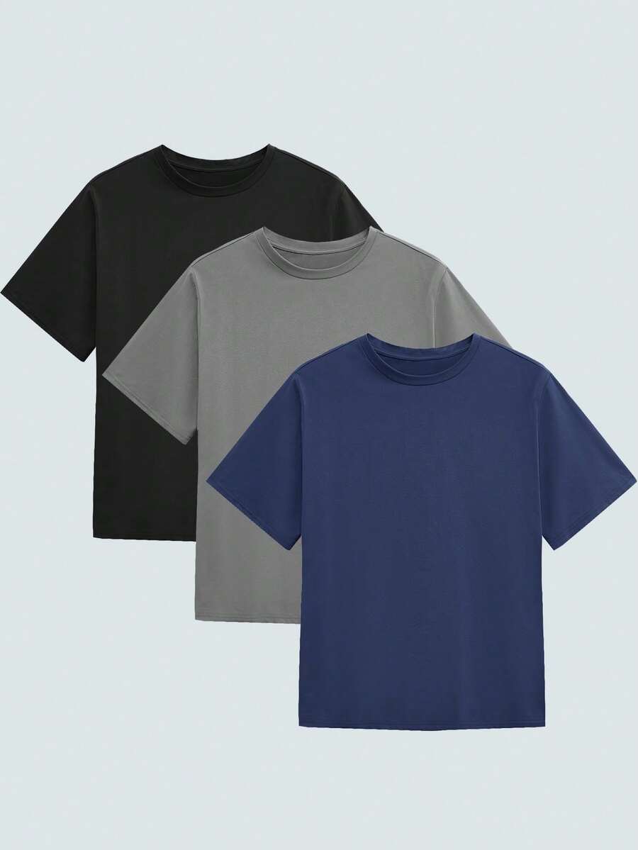 Modcrash 3pcs/Set Plus Size Men's Solid Color Fitted Crew Neck Short Sleeve T-Shirts, Casual For Summer & Daily Wear Basic T Shirts Men Tshirt Pack - Multicolor - View 1
