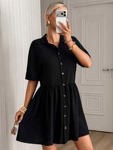 Women's Solid Color Short Sleeve Single-Breasted Ruffle Hem Casual Dress - Black - View 4