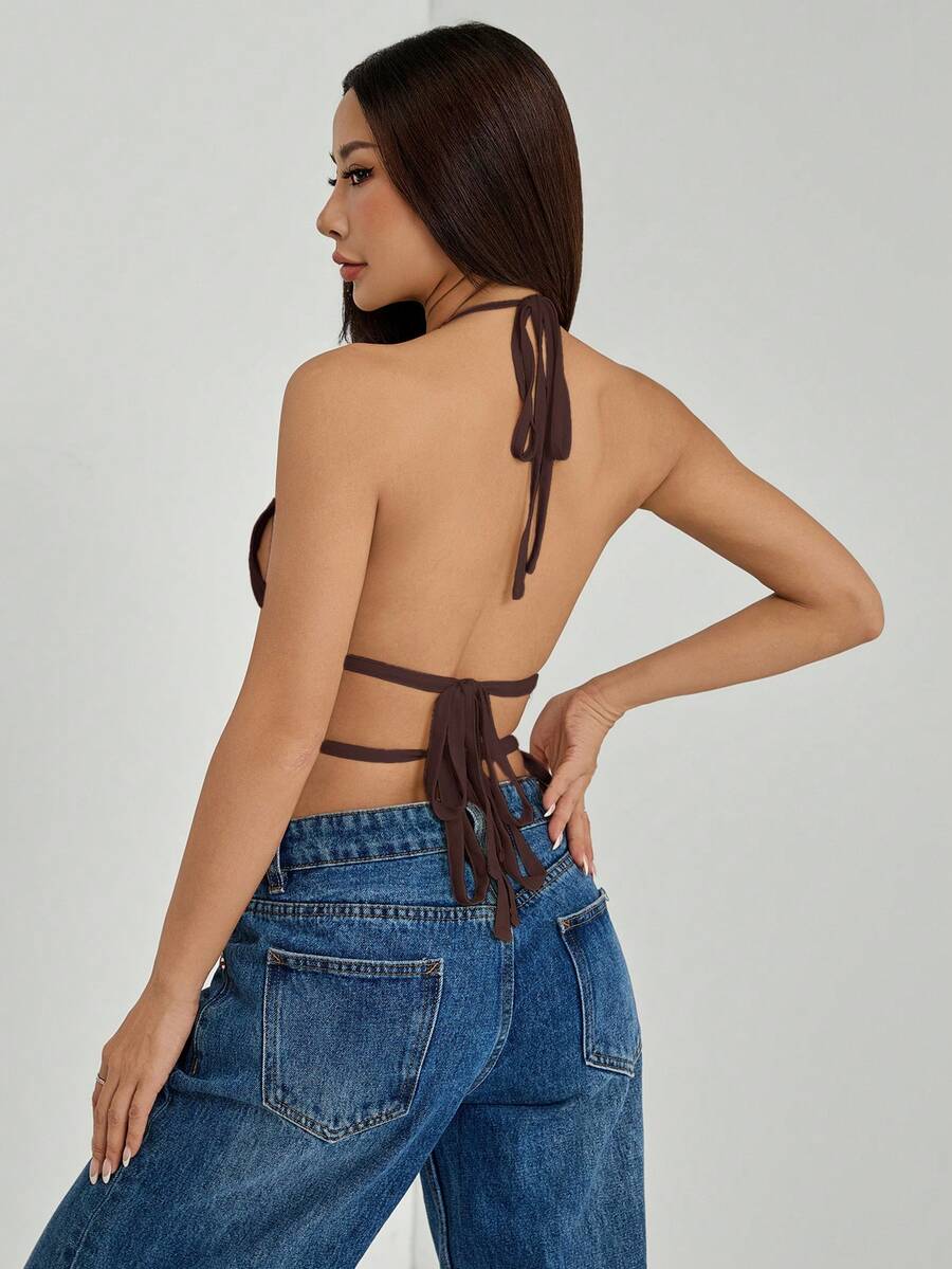 SHEIN PETITE 女款百褶掛脖領腰部綁帶露背背心上衣 咖啡棕色，適合嬌小女性