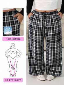 Solflare Plus Size Women's Drawstring Waist Plaid Casual Wide Leg Pants For Daily Wear Fall - Multicolor - View 1