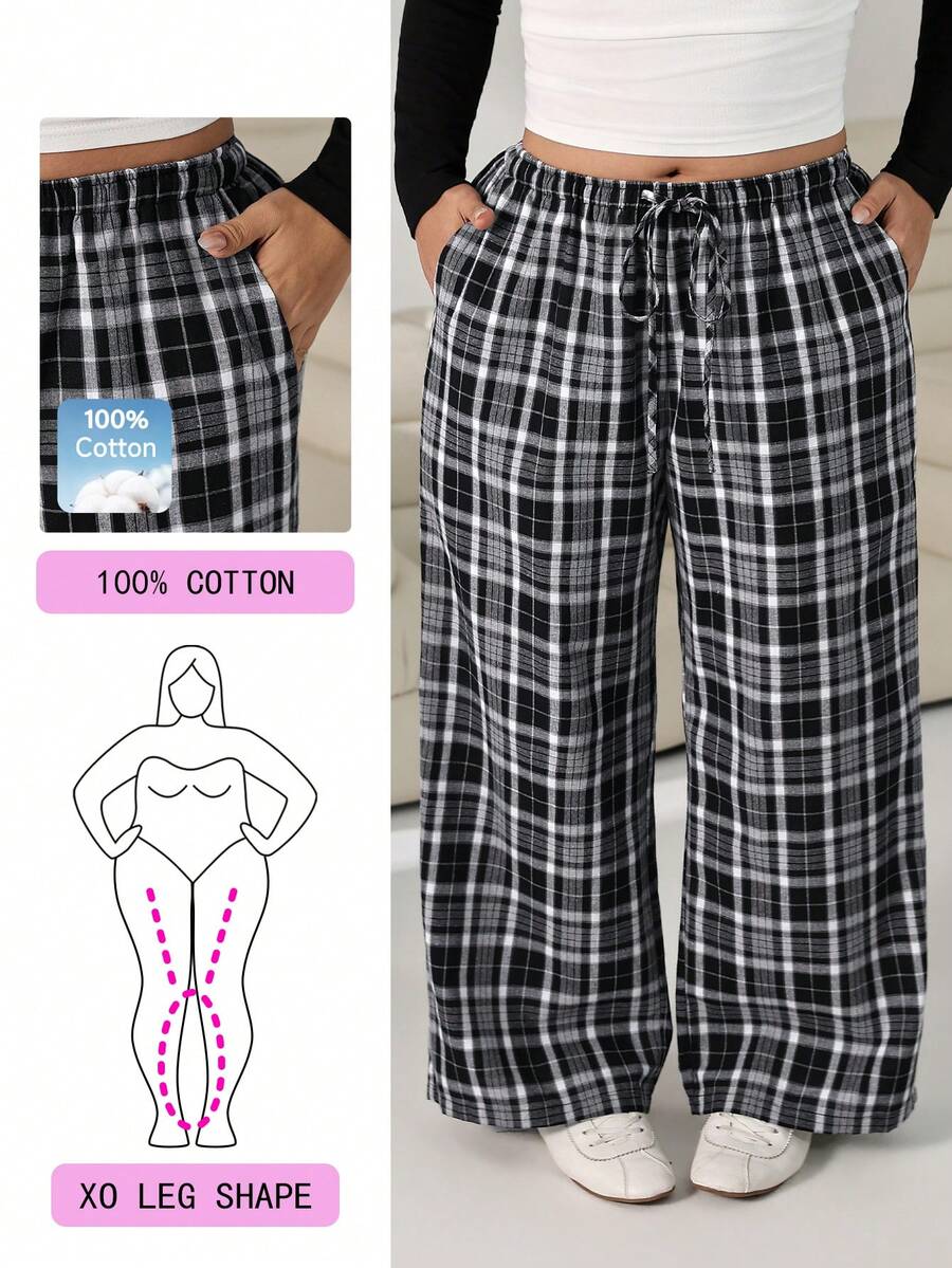 Solflare Plus Size Women's Drawstring Waist Plaid Casual Wide Leg Pants For Daily Wear Fall - Multicolor - View 1