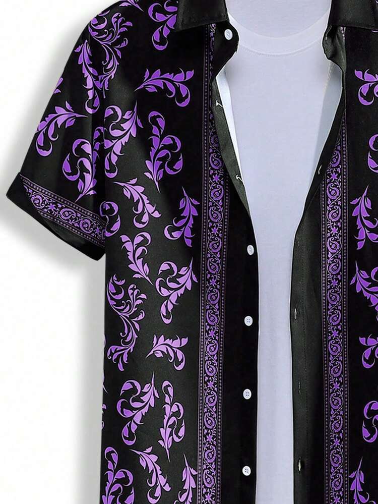 Genlund Set Kasual Pria: Kemeja Lengan Pendek dan Celana Pendek Motif Botani - Purple - View 3