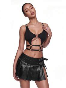 SHEIN ICON 低腰雙扣帶百褶開叉裙 - 黑色 - 查看 3