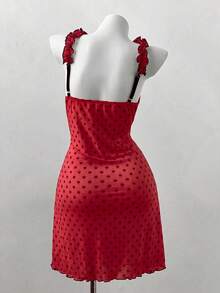 Sunspun Plus Size Fashion Minimalist Sexy Style Ruffle Lace Polka Dot Bowknot Dress - Red - View 2